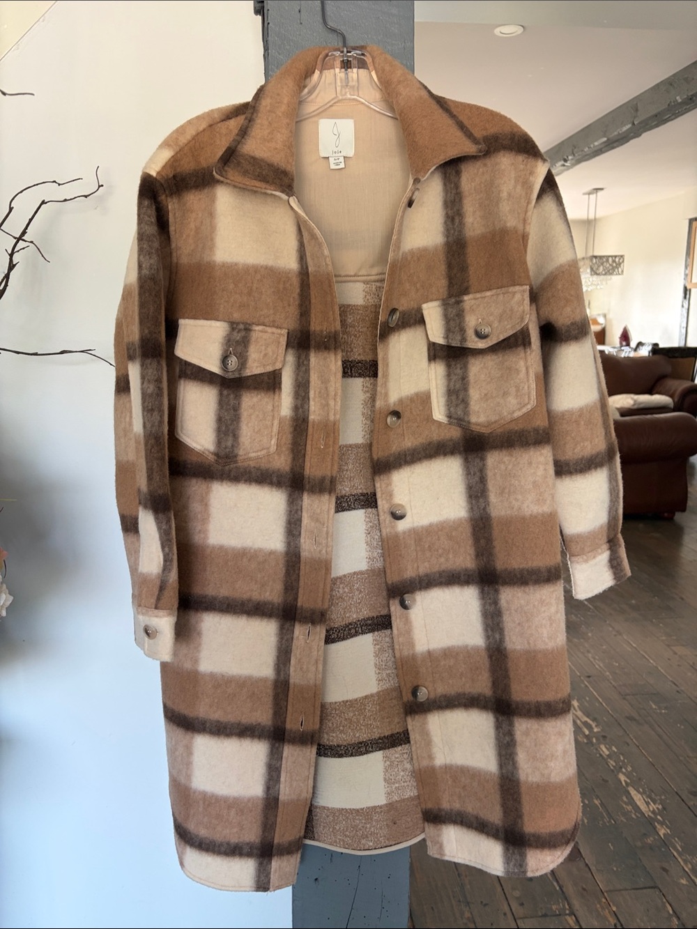 Wool-Blend Plaid Shacket Coat in Tan and Cream by noir